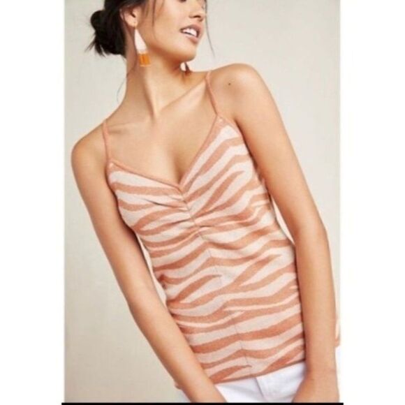 Anthropologie Sparkle Zebra Print Ruched Tank in Brown Size S - Picture 1 of 6